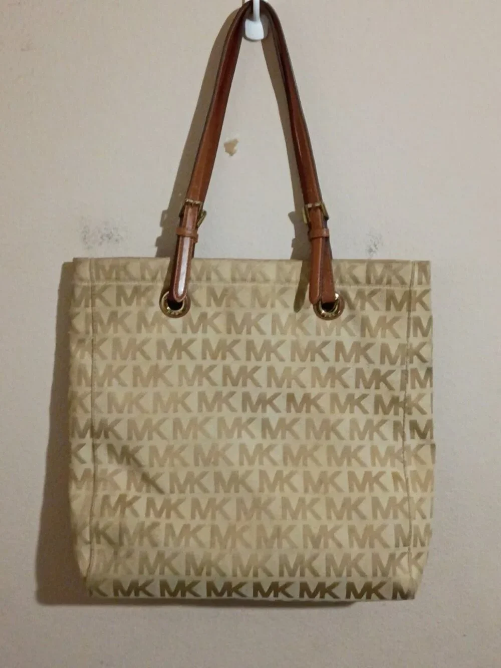 Michael Kors Jet Set Tote Signature Canvas Leather Handbag Camel